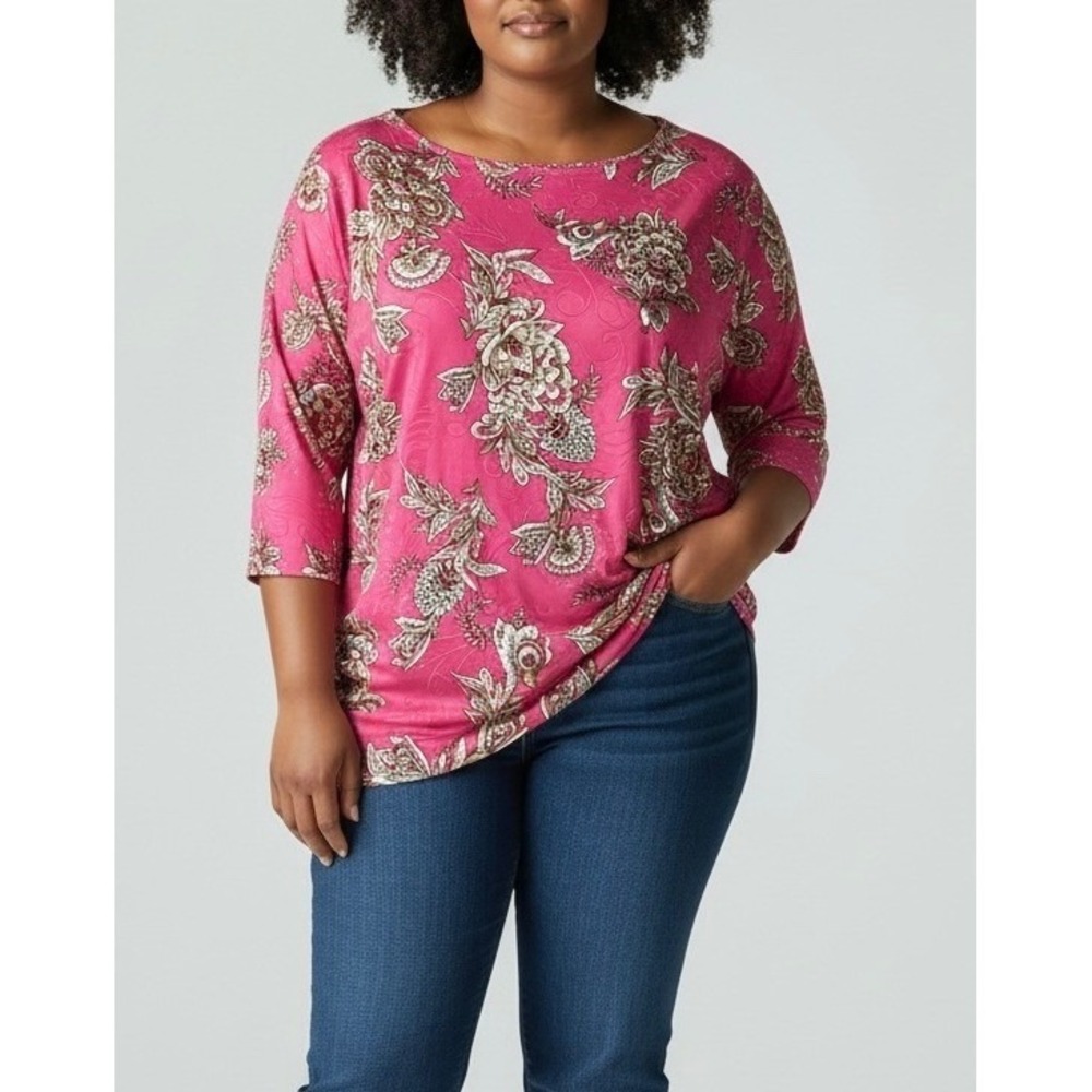 JM Collection XL Pink Floral Paisley Sharkbite Hem Tunic Top 3/4 Sleeve Textured